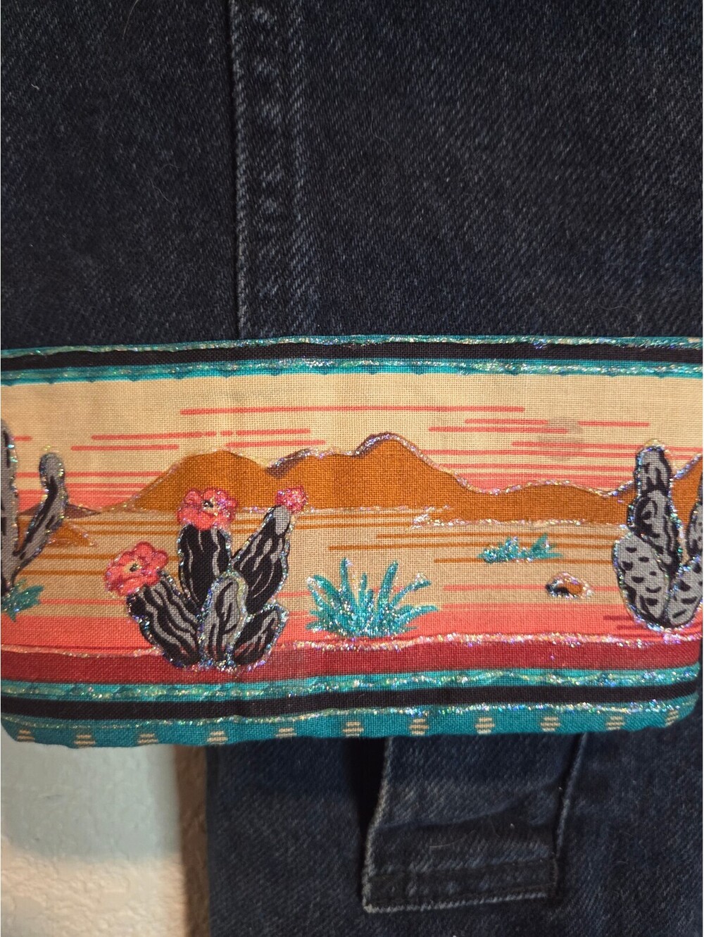 Sunbelt Vintage Long Denim Jacket with Southwestern Painted Design, One Size - Picture 3 of 9